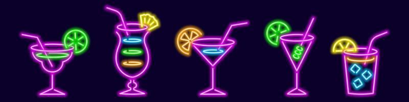 Popular neon glowing cocktails with straws. Bright pina colada with pineapple wedge and purple tequila sunrise with lemon. Colorful cuba libre and rich vector screwdriver.