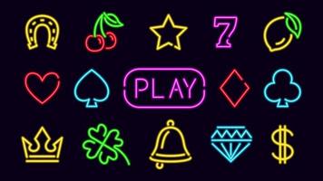 Neon symbols of casino games. Glowing card symbols with crown and horseshoe. Seven and diamond as jackpot symbol and purple vector play button