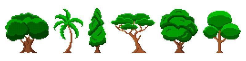 Green pixel trees in garden. Bulky solid oak with tropical palm and tall pine. Abstract savanna baobab with ancient branchy cedar. Retro 8bit graphics for pc games and vector presentations