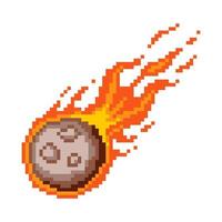 meteorito de píxeles ardientes cayendo. asteroide en llamas que se precipita hacia el planeta en llamas con llama roja del núcleo de meteorito brillante después de una poderosa explosión con chispas vectoriales vector