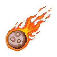 Falling fiery pixel meteor. Flaming asteroid rushing towards planet burning fire with glowing meteorite core red flame after powerful explosion with vector sparks