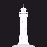 White lighthouse on island. Security stone tower with floodlight dome and windows. Seaside safe navigation landmark for ships in vector night.