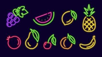 Colorful neon glowing fruits one line. Slice of watermelon with red pomegranate and sprig of cherries. Yellow banana with bunch of blue grapes. Digital design for nightlife vector signage
