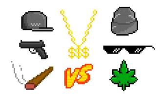 Cool pixel stuff of rapper. Hip hop baseball caps with gold chains with dollar sign and gun. Fashionable sunglasses and smoking jambs vc rap battle symbol black vector art.