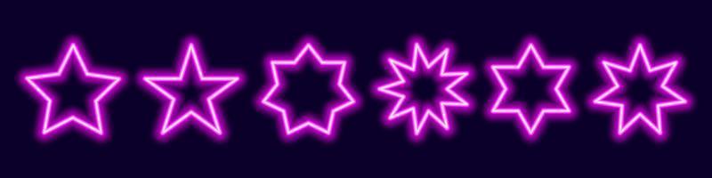 Neon polygonal stars. Purple pentagons and multibeam figures with night twinkles. Laser synthwave parties and signage symbol in trendy retro vector style.