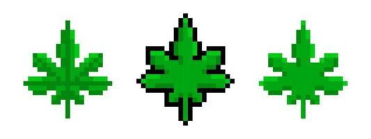 Pixel green hemp leaves set. Pixelated marijuana with narcotic relaxing effect natural ganja with medicinal vector effect