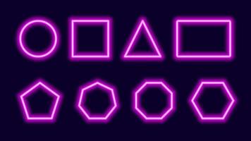 Geometric neon frames template. Purple shapes polygons and rectangles. Colorful squares with triangles for web design and night signs and bars. Laser glow of discos and vector billboards