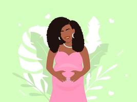 mujer afroamericana embarazada feliz. hermosa niña sonriente con vestido rosa y magnífico peinado sostiene su vientre. anticipación de la maternidad del tan esperado bebé vector