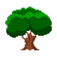 Pixelated big old tree. Ancient oak tree with green foliage and brown trunk. Magic guardian of pixel vector forest