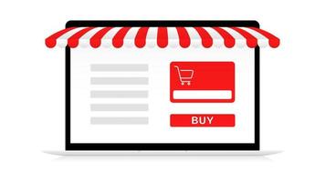 Shopping online store with notebook template. List things with red cart and canopy on screen gadget. Profitable purchases with digital payment and fast vector delivery