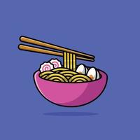 fideos ramen con ilustración de icono de vector de dibujos animados de palillos. concepto de icono de comida vector premium aislado. estilo de dibujos animados plana