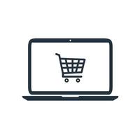 vector de icono de compras en línea en la computadora portátil símbolo de compras en línea para el diseño de su sitio web, logotipo, aplicación, ui. fondo blanco aislado.