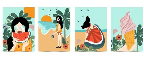 postal de verano con mujer, flor, playa, árbol, sandía, helado y hoja