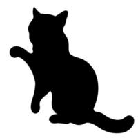 Black cat vector icon. The pet sits with its paw raised. The animal is playing. Hand-drawn silhouette of the beast. Isolated illustration of an animal on a white background. Domestic cat.