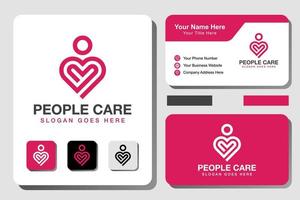 modern line people care logo. heart line art logo with business card design vector template