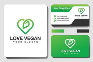 modern love vegan logo. leaf care logo. vegetables, diet symbol with business card design vector