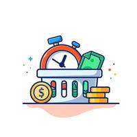 cronómetro con moneda de oro y dinero en caja ilustración de icono de vector de dibujos animados. concepto de icono de finanzas empresariales vector premium aislado. estilo de dibujos animados plana