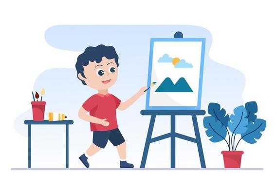Painting Flat Illustration with Someone who Paints using Easel, Canvas, Brushes and Watercolor for Poster or Workshops Designs