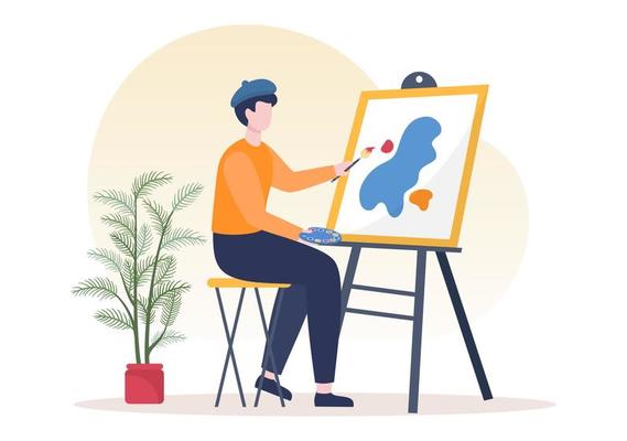 Painting Flat Illustration with Someone who Paints using Easel, Canvas, Brushes and Watercolor for Poster or Workshops Designs