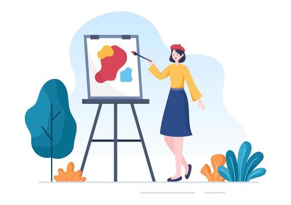 Painting Outdoors Flat Illustration with Someone who Paints using Easel, Canvas, Brushes and Watercolor for Poster or Workshops Designs