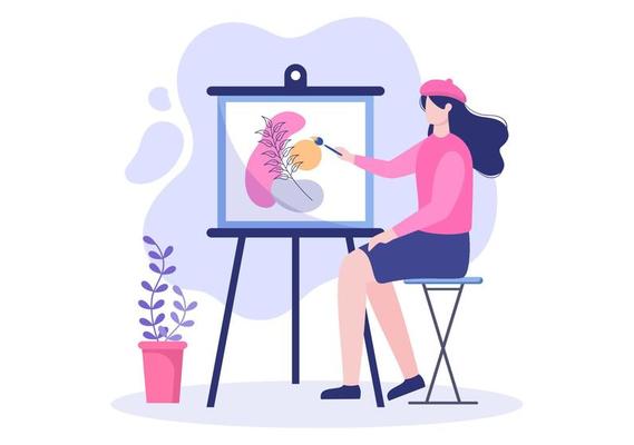 Painting Flat Illustration with Someone who Paints using Easel, Canvas, Brushes and Watercolor for Poster or Workshops Designs