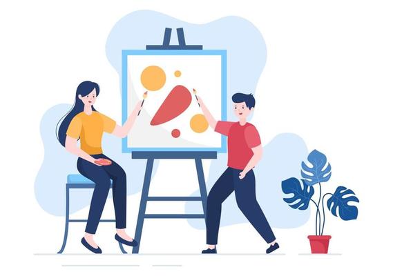 Painting Flat Illustration with Someone who Paints using Easel, Canvas, Brushes and Watercolor for Poster or Workshops Designs