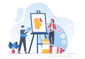 Painting Flat Illustration with Someone who Paints using Easel, Canvas, Brushes and Watercolor for Poster or Workshops Designs vector