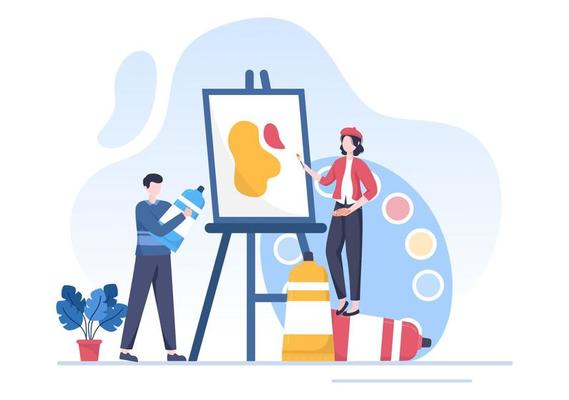 Painting Flat Illustration with Someone who Paints using Easel, Canvas, Brushes and Watercolor for Poster or Workshops Designs