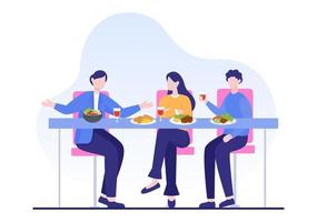 las personas que comen alimentos en cada comida con beneficios para la salud, una dieta equilibrada, vegana, nutricional y la comida se debe comer todos los días en una ilustración de fondo plana vector