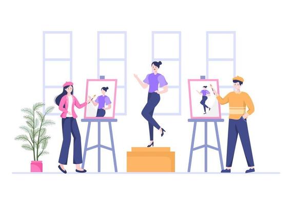 Painting Girl Model Sitting on Chair Posing to Paints using Easel, Canvas, Brushes and Watercolor for Poster or Workshops Designs in Flat Illustration
