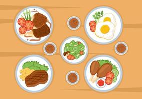 comida en cada comida con beneficios para la salud, dieta equilibrada, vegana, nutricional y la comida debe comerse todos los días en una ilustración de fondo plana