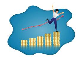 Man step up on increasing columns of gold coins. Financial chart up. vector illustration