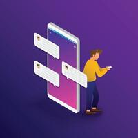 Businessman chatting conversation on smartphone. Messaging application, mobile chat app, messenger mobile soft concept. Violet vector isometric 3D illustration.