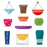 A set of flower pots of different shapes and colors, flower pots with a pattern for decorating the interior of a room or garden. Urban Jungle vector