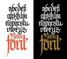 Pseudo-gothic, English alphabet. Vector. Font for tattoo, personal and commercial purposes. Letters and elements are isolated on a black background. Calligraphy for inscriptions. Modern style. vector