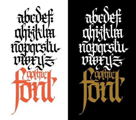 Pseudo-gothic, English alphabet. Vector. Font for tattoo, personal and commercial purposes. Letters and elements are isolated on a black background. Calligraphy for inscriptions. Modern style.