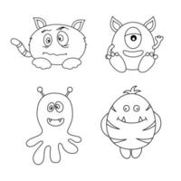 un conjunto de lindos personajes de monstruos de contorno. ilustración vectorial de dibujos animados. libro de colorear. vector