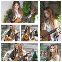 A collection of photos of a pretty female guitarist.