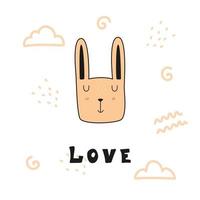 lindo hocico de un conejo y la inscripción amor. ilustración de garabato kawaii vector