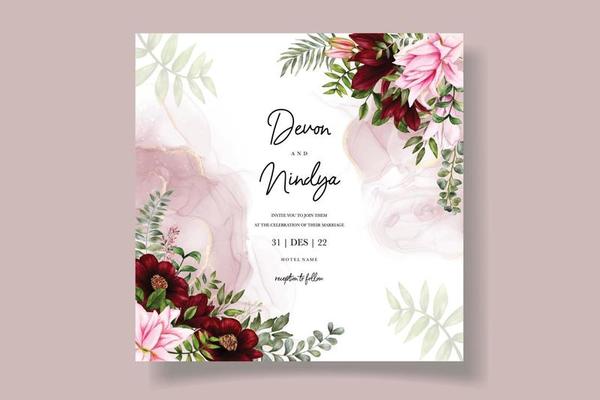 Beautiful wedding invitation card with burgundy flower decoration