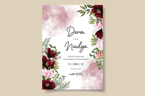 Beautiful wedding invitation card with burgundy flower decoration