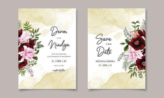 Beautiful wedding invitation card with burgundy flower decoration