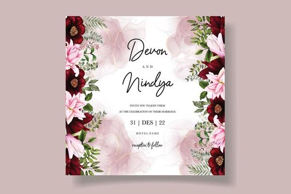 Beautiful wedding invitation card with burgundy flower decoration