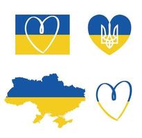 conjunto ucraniano bandera, corazón, brazos, mapa sobre fondo blanco aislado vector