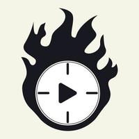 The clock with play button and fire silhoutte vector. Deadline, spirit concept vector
