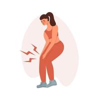 mujer joven corredora que tiene dolor de rodilla y sufre por esto. ilustración vectorial en estilo moderno y plano en vivo. cuidado de la salud, dolor, enfermedad, concepto de enfermedad, aislado en un fondo blanco vector