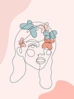 cara de mujer con mariposa resumen un retrato de línea continua. ilustración moderna de estilo minimalista para carteles, estampados de camisetas, avatares, postales y folletos. diseño gráfico de dibujo de una sola línea vector