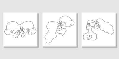 Two woman faces abstract one continuous line portrait set. Modern minimalist style illustration for posters, t-shirts prints, avatars, pstcard and brochure. Lovers kiss, romantic relationship concept vector