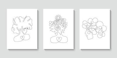 Set with 3 woman abstract one continuous line portrait. Modern minimalist style illustration for posters, t-shirts prints, avatars, postcard. Single line draw graphic design vector