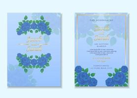fancy wedding card template with blue rose floral frame and gold by vector design